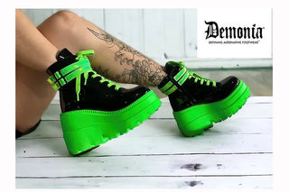 Black yellow demonia wedge platform boots