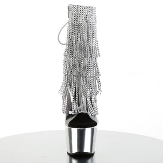 Adore-1017RSF Silver Rhinestone Fringe Chrome Platform Boots