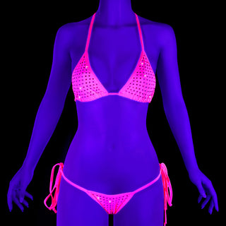 Candy-01RS Neon Pink Rhinestone Two-Piece Bikini Set