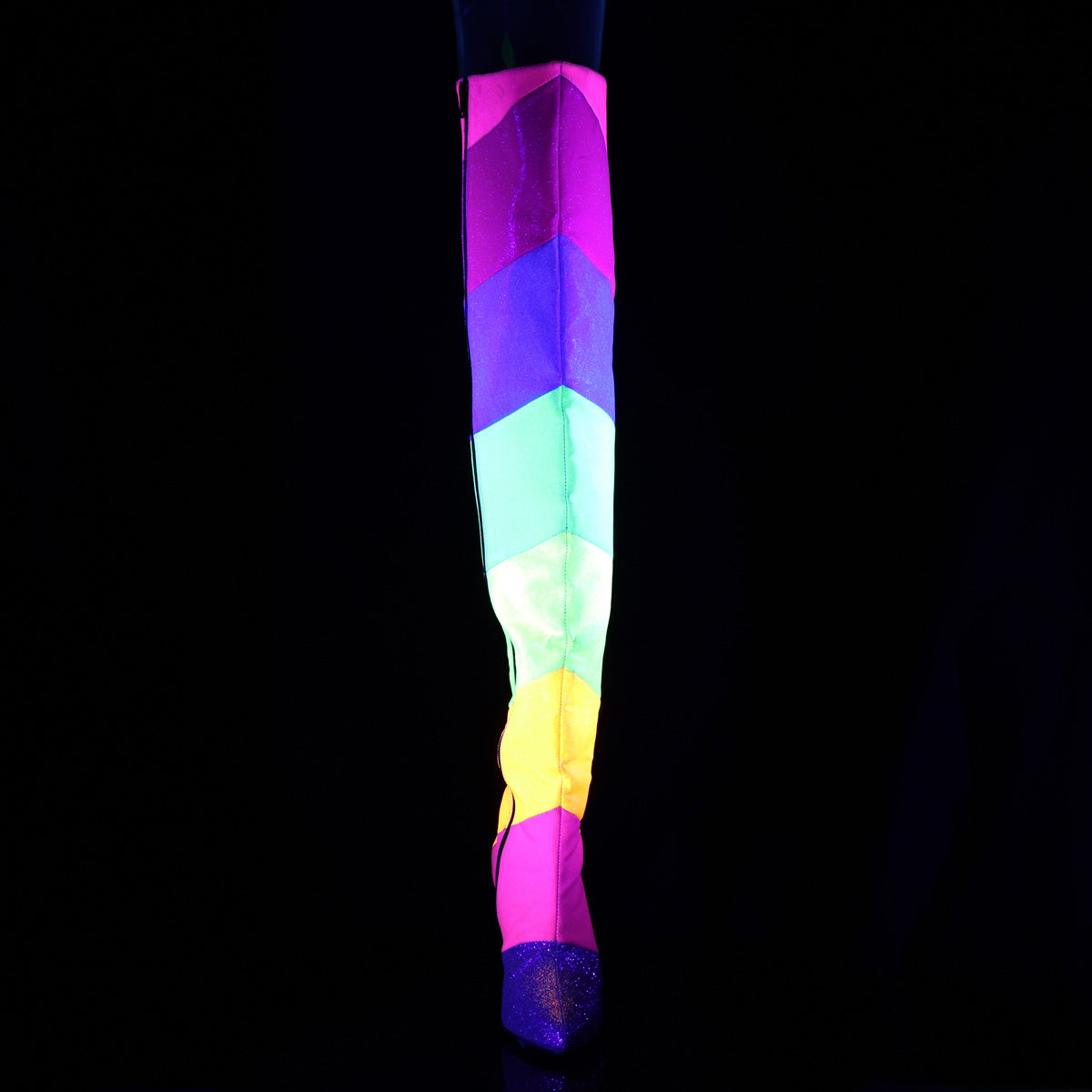 Mardi Grass Rainbow Blacklight Reactive Thigh High Boots