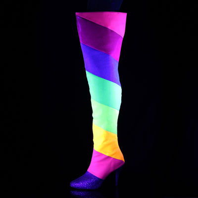 Mardi Grass Rainbow Blacklight Reactive Thigh High Boots