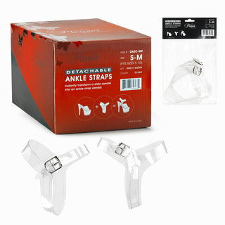 Pleaser clear detachable ankle straps for slide sandals and heels with packaging shown