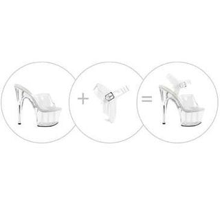 Diagram showing a slide heel converted into an ankle-strap heel using a detachable clear ankle strap