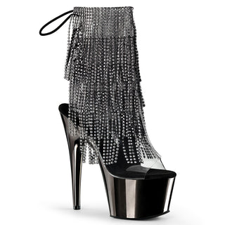 Adore-1017RSF Dark Pewter Rhinestone Fringe Chrome Platform Boots