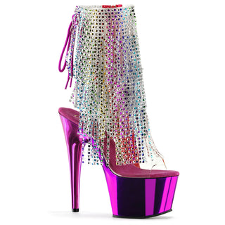 Adore-1017RSF Fuchsia Rhinestone Fringe Chrome Platform Boots