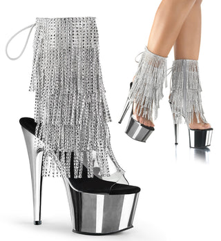 Adore-1017RSF Silver Rhinestone Fringe Chrome Platform Boots