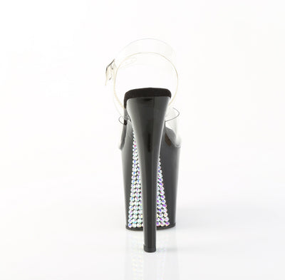 Back view showing spiked heel fully covered in iridescent rhinestones