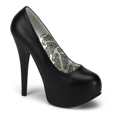 Black platform high-heeled shoe with decorative lining on a white background