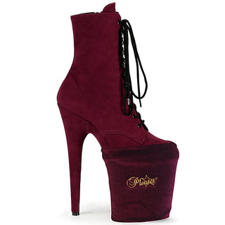 Burgundy velvet pole shoe protectors fitted on Pleaser platform heels to protect the platform during pole dancing.