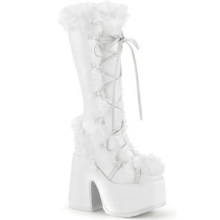 Demonia Camel-311 white knee-high platform boots with faux fur trim and lace-up front