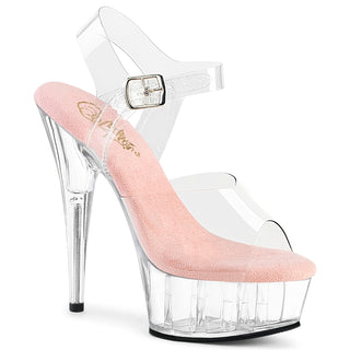 Pleaser Delight-608 clear platform heels with soft pink footbed and ankle strap