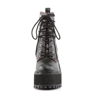 Front view of Demonia Assault-100 black combat boot showing lace-up front and platform sole
