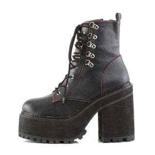 Outer side view of Demonia Assault-100 black platform combat boot with block heel