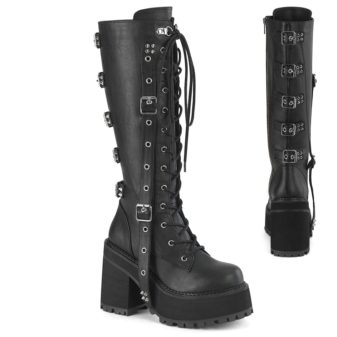 Knee High Demonia Platform Buckle Boots Demonia Camel Matte Black