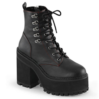 Demonia Assault-100 black combat boots with chunky block heel and platform