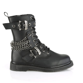Outer side view of Demonia Bolt-250 mid-calf combat boots, clearly showing the metal chains, triple buckle straps