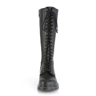 front view of demonia bolt-400 knee high combat boots showing 20 eyelet laces
