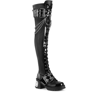 Demonia Bratty-304 over the knee chunky heel platform boots with chain and buckle details