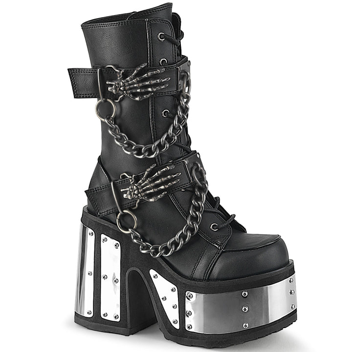 Demonia Camel-120 Gothic Chunky Heel Boots with Skeleton Buckles