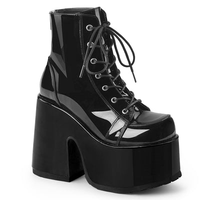 demonia camel-203 black patent chunky heel platform boots