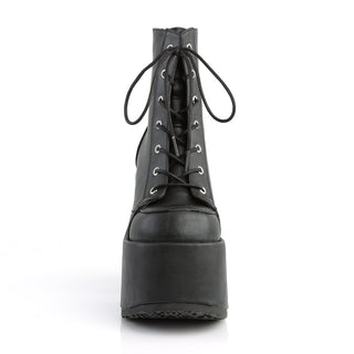 front side of demonia camel-203 sgowing laces and silver eyelets