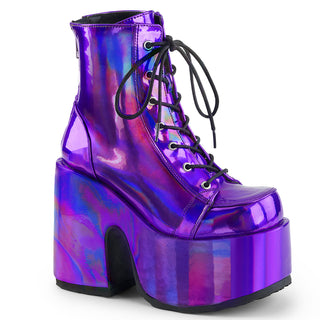 Demonia camel-203 purple hologram chunky heel platform boots