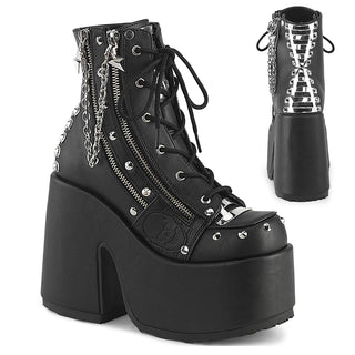 Demonia Camel-208 black platform ankle boots with studs, chains, metal plates, and a high block heel, shown from front-side and back views.