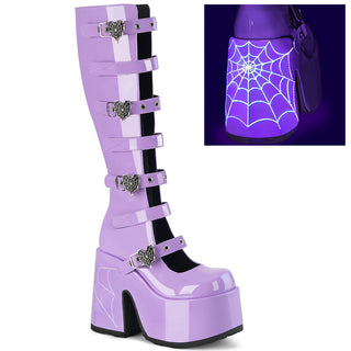 Demonia Camel-223 Lavender Spider web detailed knee high chunky heel platform boots