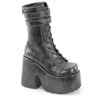 Demonia Camel-250 distressed black silver rub-off cyber platform boots with double straps