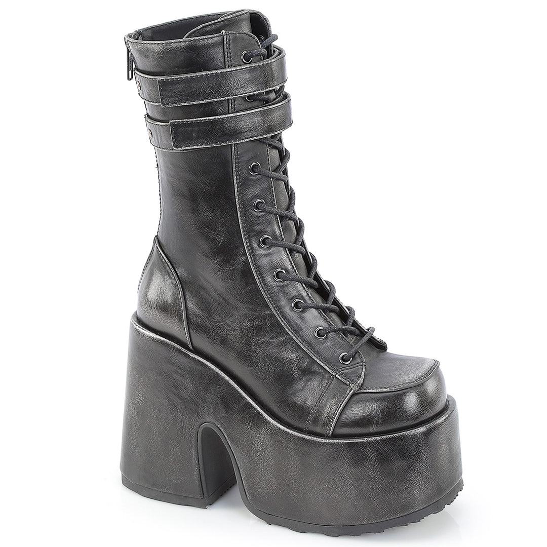 Demonia Camel-250 Black Silver Rub-Off Goth Mid-Calf Platform
