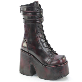 Burgundy rub-off platform boot with lace-up front, double buckle straps and chunky block heel