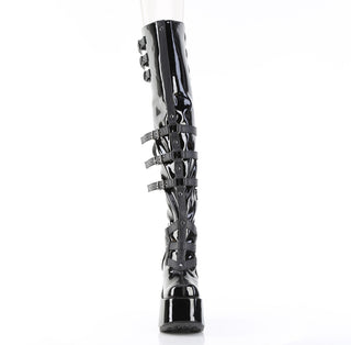 Front view of Demonia Camel-308 black patent thigh-high platform boot 