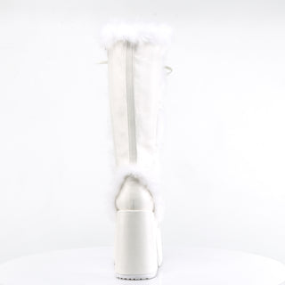 Demonia Camel-311 white knee-high platform boots with faux fur trim and rear zipper, back view