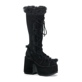 Black knee-high platform boots with lace-up front, side zip, and faux fur trim