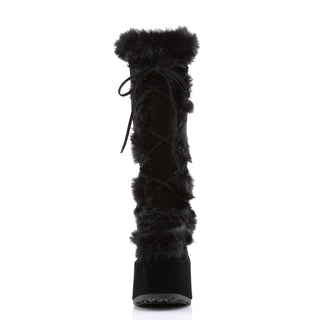 Black platform knee-high boots with front lacing and faux fur trim