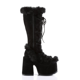 Black knee-high platform boots with inner side zipper and faux fur trim