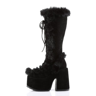 Black platform knee-high boots with block heel and faux fur trim, outer side view