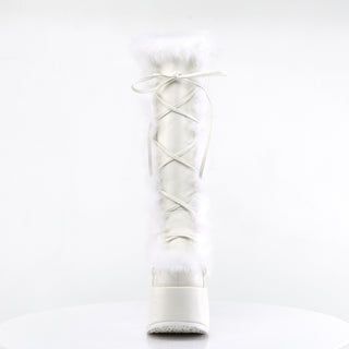 Demonia Camel-311 white platform knee-high boots with faux fur trim and lace-up front, front view