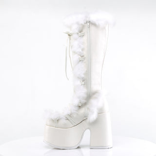 Demonia Camel-311 white knee-high platform boots with faux fur trim and inner side zipper, side view