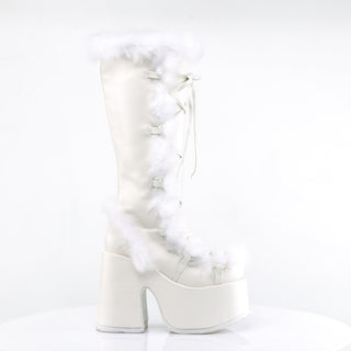 Demonia Camel-311 white knee-high platform boots with faux fur trim and lace-up outer side view