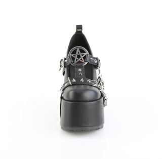 front view of demonia camel-33 chunky heel platform shoes showing pentegram and spikes