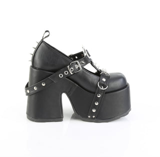 inner side view of demonia camel-33 chuny heel platform shoes showing buckle and studs