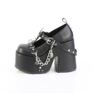 outer side of demonia camel-33 chunky heel platform shoes showing chain and hanging charms 
