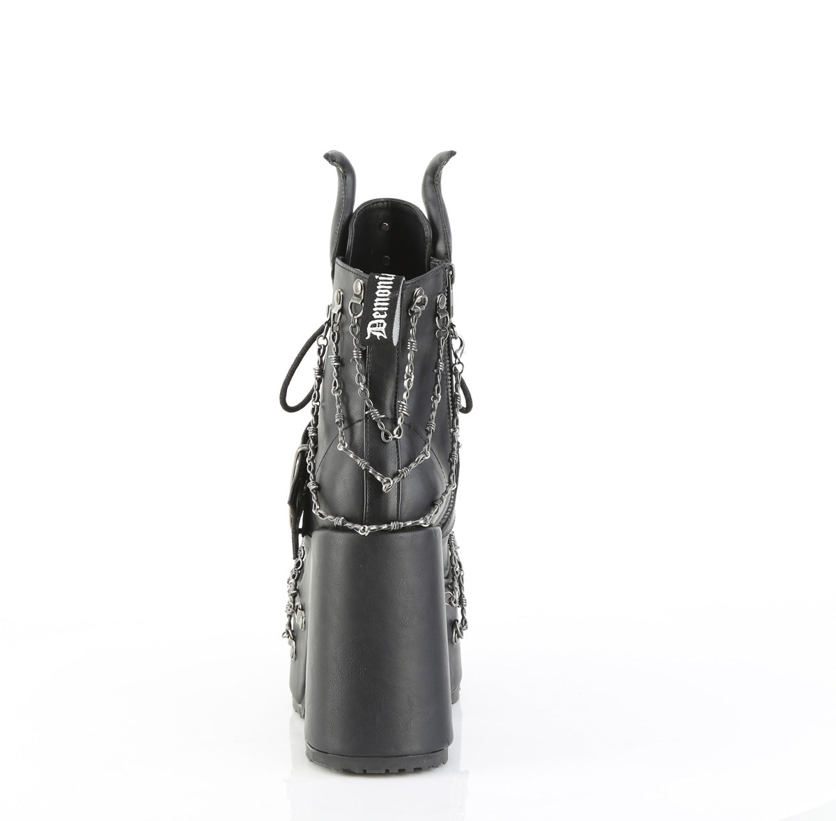 Demonia Camel‑64 black platform ankle boot, outer side view, with chunky heel, devil horns, claw spikes, and barbed wire chain details, on a white background.