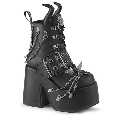 Demonia Camel‑64 black platform ankle boot with chunky heel, devil horns, claw spikes, and barbed wire chain details, on a white background.