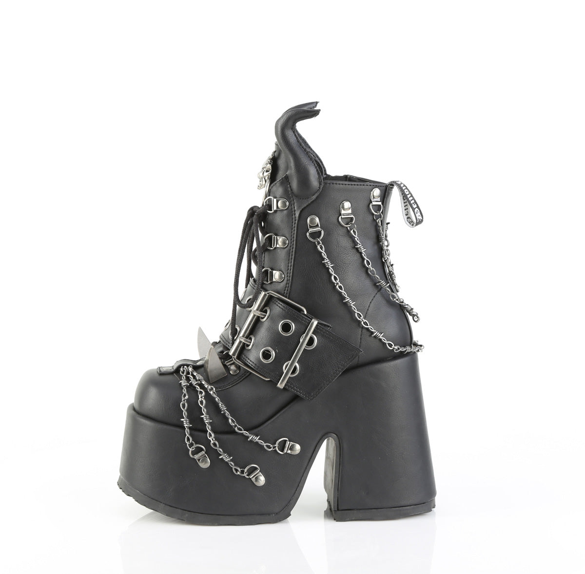 Demonia Camel‑64 black platform ankle boot, outer side view, with chunky heel, devil horns, claw spikes, and barbed wire chain details, on a white background.