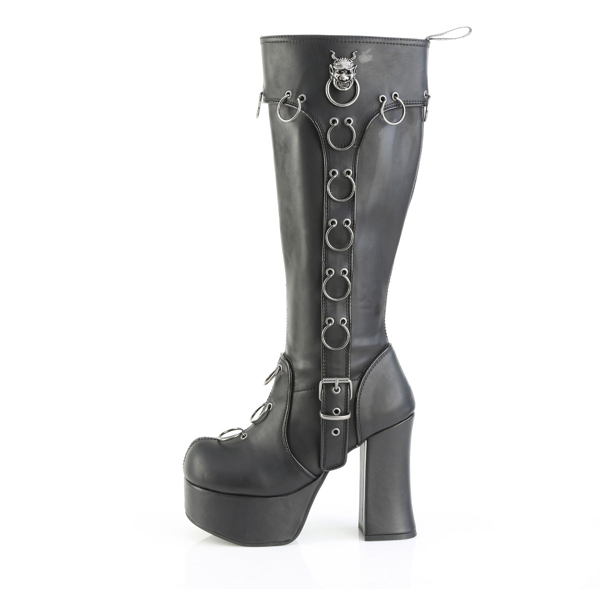 outer side view of demonia charade-211 knee high boots showing o-rings and devil amblem