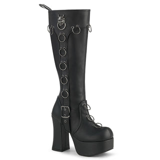 demonia charade-211 knee-high platform boots with o-ring details and demonic metal amblem at the top