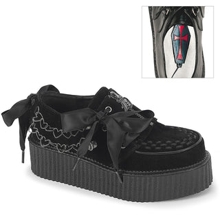 Demonia Creeper-312 black velvet platform creepers with ribbon laces and heart chain detail
