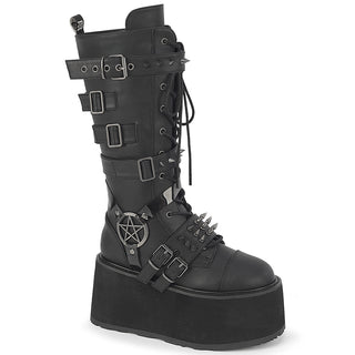 Black knee-high platform boot with front lacing, buckled straps, spikes and a pentagram ankle harness.